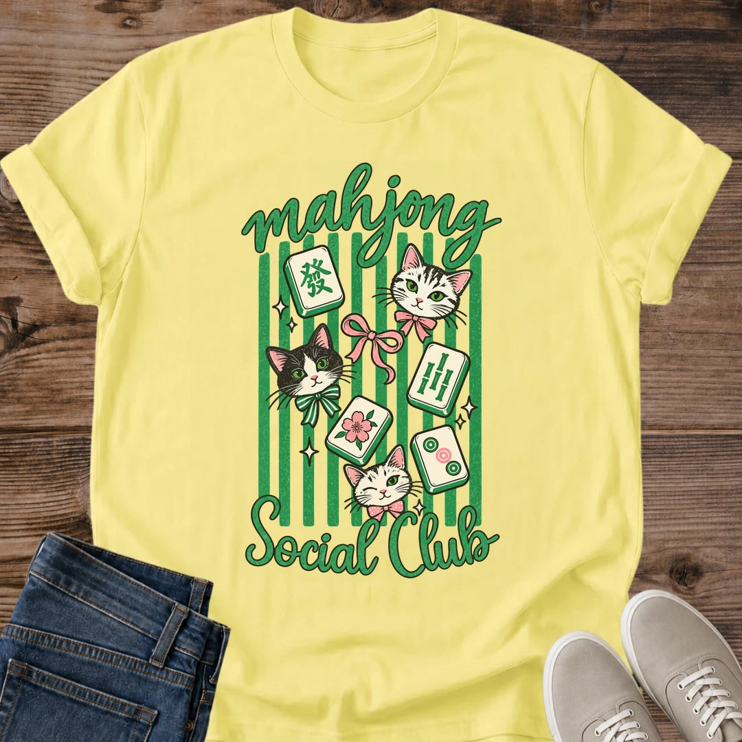 Casual Comfort Shirt Mahjong Cat Design Vintage Style Tee Soft Fabric Essential Game Night Outfit Social Club Pattern Tabletop Player Gift Perfect Everyday Wear Green Stripe Illustration Retro Matchbox Design Playful Tile Pattern