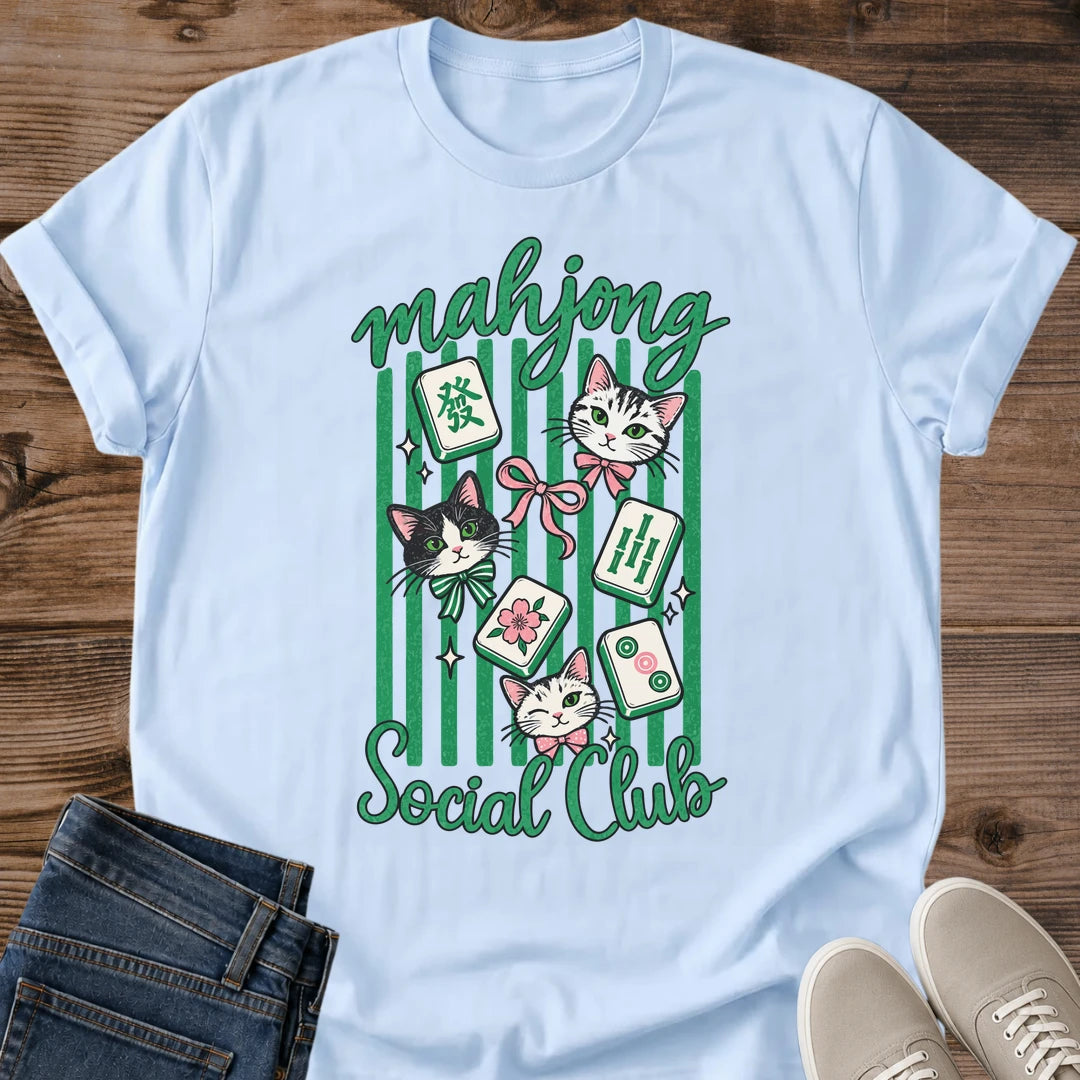 Vintage Style Graphic Tee Mahjong Cat Shirt Retro Matchbox Design Social Club Pattern Soft Comfortable Fabric Casual Wear Essential Game Player Gift Perfect Night Out Outfit Green Stripe Illustration Playful Tile Design Tabletop Culture Tee