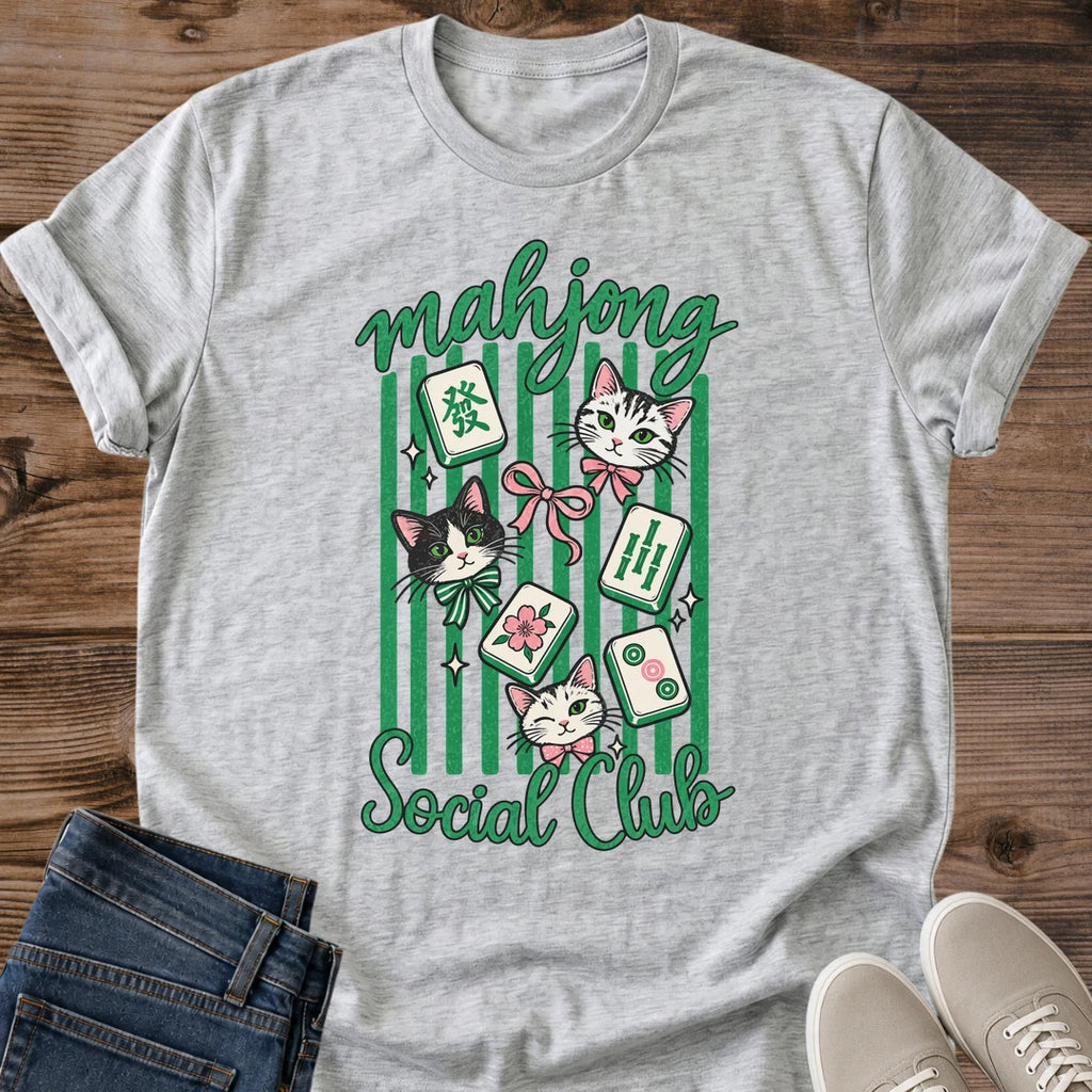 Mahjong Player Gift Shirt Cat Design Vintage Style Tee Social Club Graphic Comfortable Soft Fabric Casual Wear Essential Game Night Outfit Tabletop Enthusiast Present Retro Matchbox Illustration Green Stripe Pattern Playful Tile Design