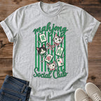 Mahjong Player Gift Shirt Cat Design Vintage Style Tee Social Club Graphic Comfortable Soft Fabric Casual Wear Essential Game Night Outfit Tabletop Enthusiast Present Retro Matchbox Illustration Green Stripe Pattern Playful Tile Design
