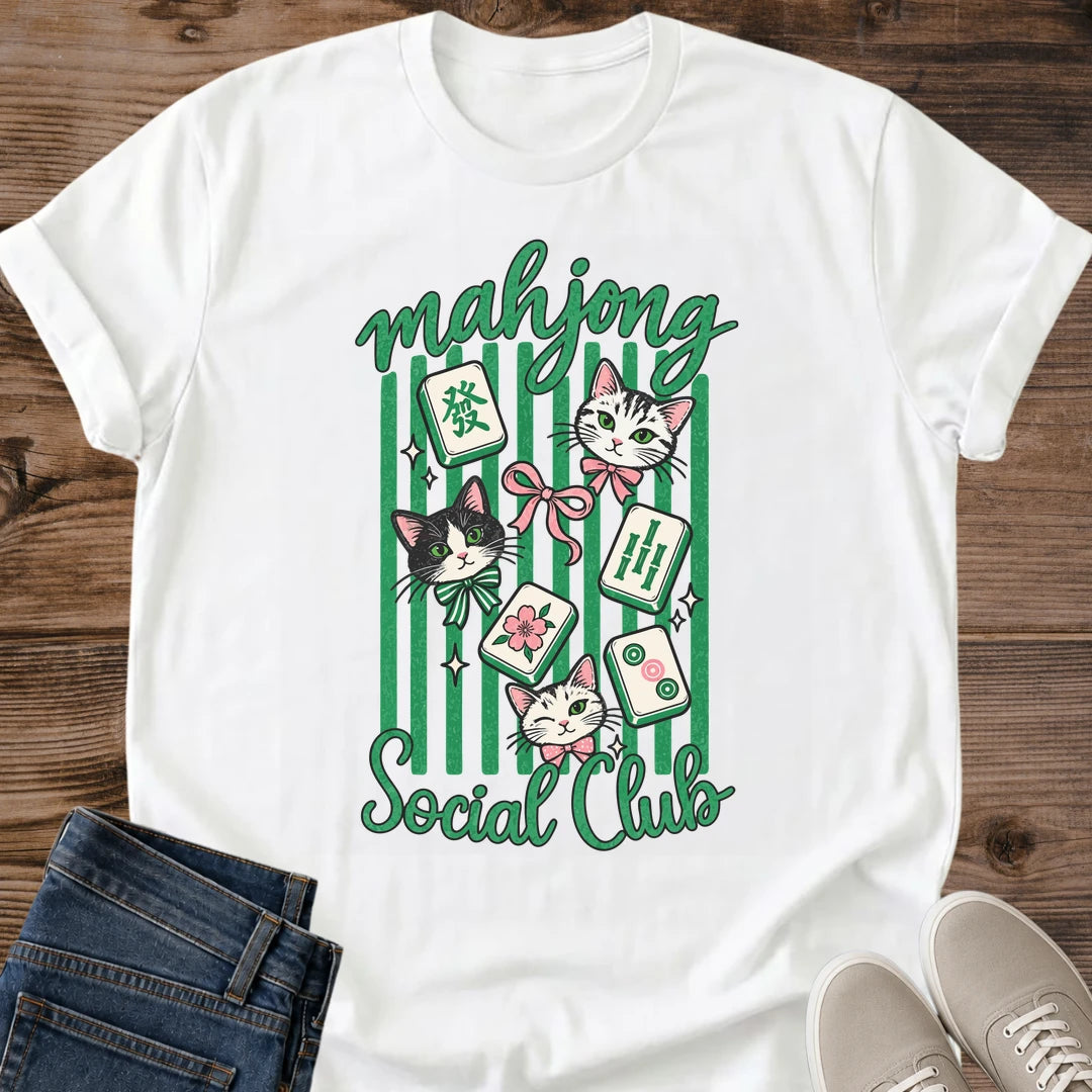 Cat Lover Graphic Tee Mahjong Design Shirt Soft Comfortable Fabric Vintage Style Pattern Social Club Illustration Perfect Game Night Wear Casual Everyday Outfit Retro Matchbox Design Green Stripe Pattern Playful Tile Design Tabletop Player
