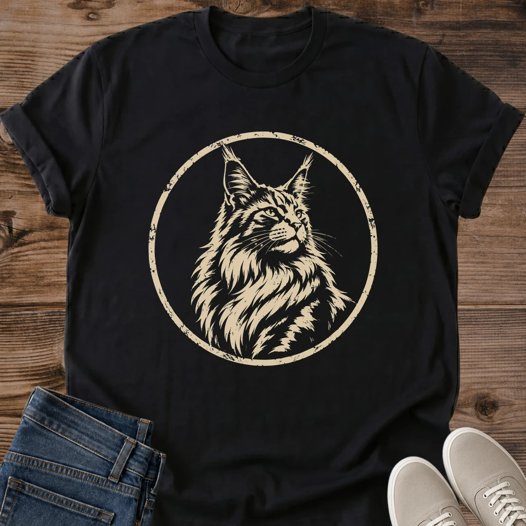Vintage Cat Shirt Maine Coon Portrait Graphic Tee Cotton Fabric Design Wildlife Theme Apparel Nature Lover Gift Forest Animal Print Casual Everyday Shirt Comfortable Lightweight Wear Wild Cat Design Distressed Vintage Look Woodland Inspired