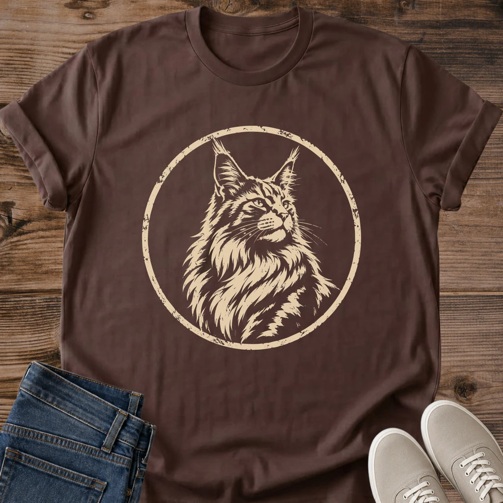 Wildlife Graphic Tee Maine Coon Portrait Design Cat Lover Apparel Vintage Style Shirt Soft Cotton Fabric Forest Animal Print Nature Theme Fashion Casual Everyday Wear Comfortable Lightweight Tee Distressed Vintage Look Wild Cat Artwork Woodland