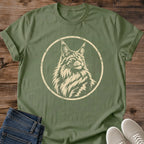 Cat Lover Gift Vintage Maine Coon Tee Wildlife Portrait Design Soft Cotton Graphic Shirt Forest Animal Theme Apparel Nature Inspired Fashion Casual Everyday Wear Comfortable Fit Design Distressed Vintage Aesthetic Wild Cat Portrait Print Woodland