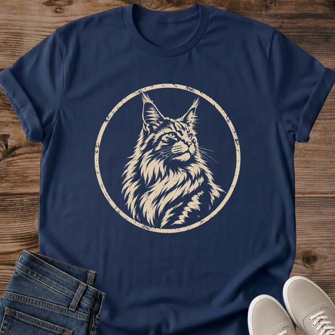 Cat Graphic Tee Vintage Maine Coon Portrait Design Wildlife Lover Gift Soft Cotton Shirt Nature Inspired Fashion Forest Animal Print Woodland Theme Apparel Casual Everyday Wear Comfortable Fit Distressed Vintage Style Wild Cat Enthusiast Gift
