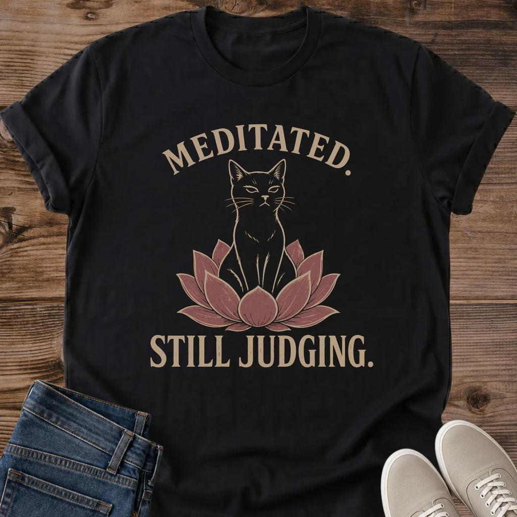 Soft Cotton Graphic Tee Funny Meditation Design Casual Everyday Shirt Sarcastic Zen Cat Print Comfortable Relaxed Fit Yoga Lover Gift Lightweight Fabric Muted Earthy Tones Lotus Flower Design Perfect Loungewear Statement Shirt Cat