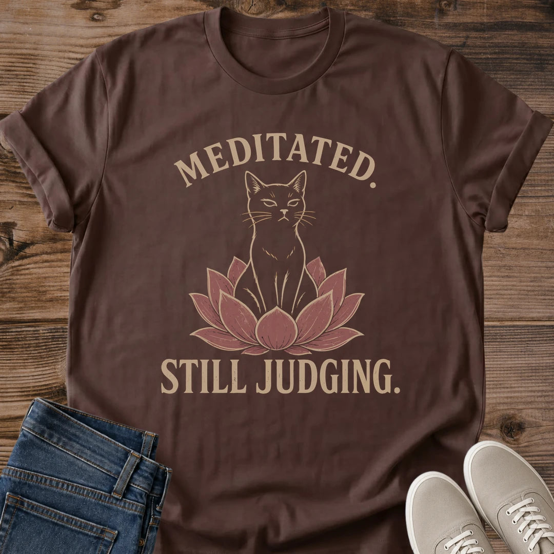Meditation Humor Tee Funny Wellness Gift Sarcastic Zen Cat Design Yoga Enthusiast Shirt Soft Cotton Comfort Wear Casual Graphic Tee Lotus Flower Print Relaxed Fit Style Perfect Teacher Present Cat Lover Essential Lightweight Everyday Shirt