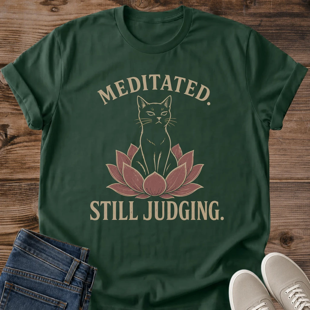 Funny Meditation Shirt Yoga Teacher Gift Sarcastic Zen Cat Design Graphic Tee Cotton Comfort Wear Soft Lightweight Fabric Casual Style Perfect Present Wellness Instructor Appreciation Novelty Statement Shirt Lotus Flower Print Muted Earthy