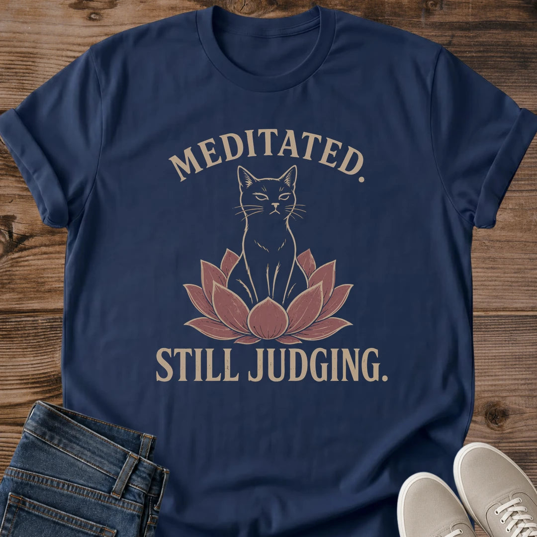Sarcastic Zen Cat Tee Meditation Humor Shirt Funny Yoga Design Graphic Cotton Tee Cat Lover Gift Soft Comfortable Fabric Casual Everyday Wear Lotus Flower Print Muted Tones Relaxed Fit Style Perfect Novelty Present Wellness Enthusiast Gift