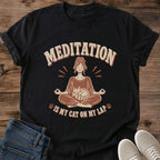 Funny Yoga Tshirt Zen Cat Design Meditation Humor Shirt Mindfulness Apparel Spiritual Graphic Tee Soft Cotton Fabric Comfortable Daily Wear Relaxed Fit Crew Neck Perfect Yoga Gift Meditation Lover Present Casual Wellness Clothing Breathable