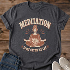 Soft Cotton Tshirt Meditation Design Comfortable Yoga Shirt Relaxed Fit Apparel Cat Humor Graphic Zen Mindfulness Tee Funny Spiritual Design Breathable Daily Wear Perfect Meditation Gift Casual Lifestyle Clothing Yoga Practice Shirt