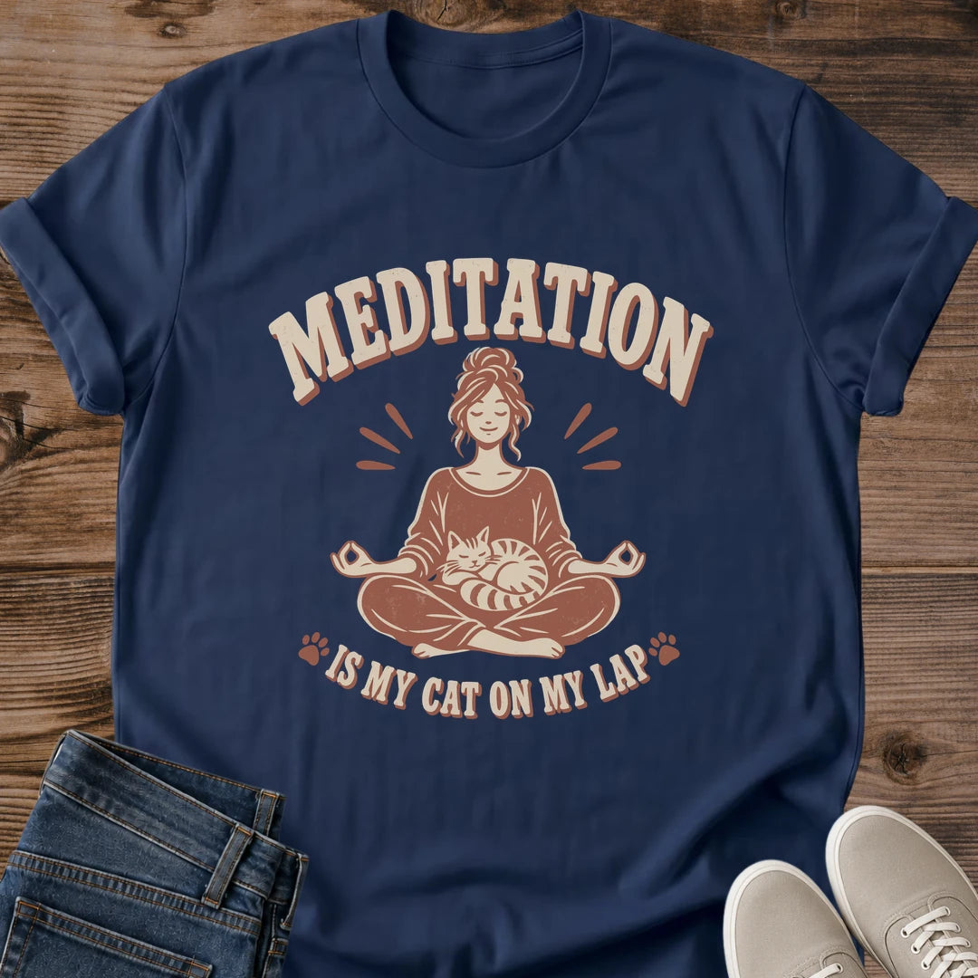 Meditation Shirt Funny Yoga Design Cat Lover Tshirt Zen Mindfulness Apparel Spiritual Humor Graphic Soft Cotton Fabric Relaxed Fit Crew Neck Comfortable Daily Wear Perfect Yoga Practice Gift Meditation Enthusiast Present Wellness Lifestyle