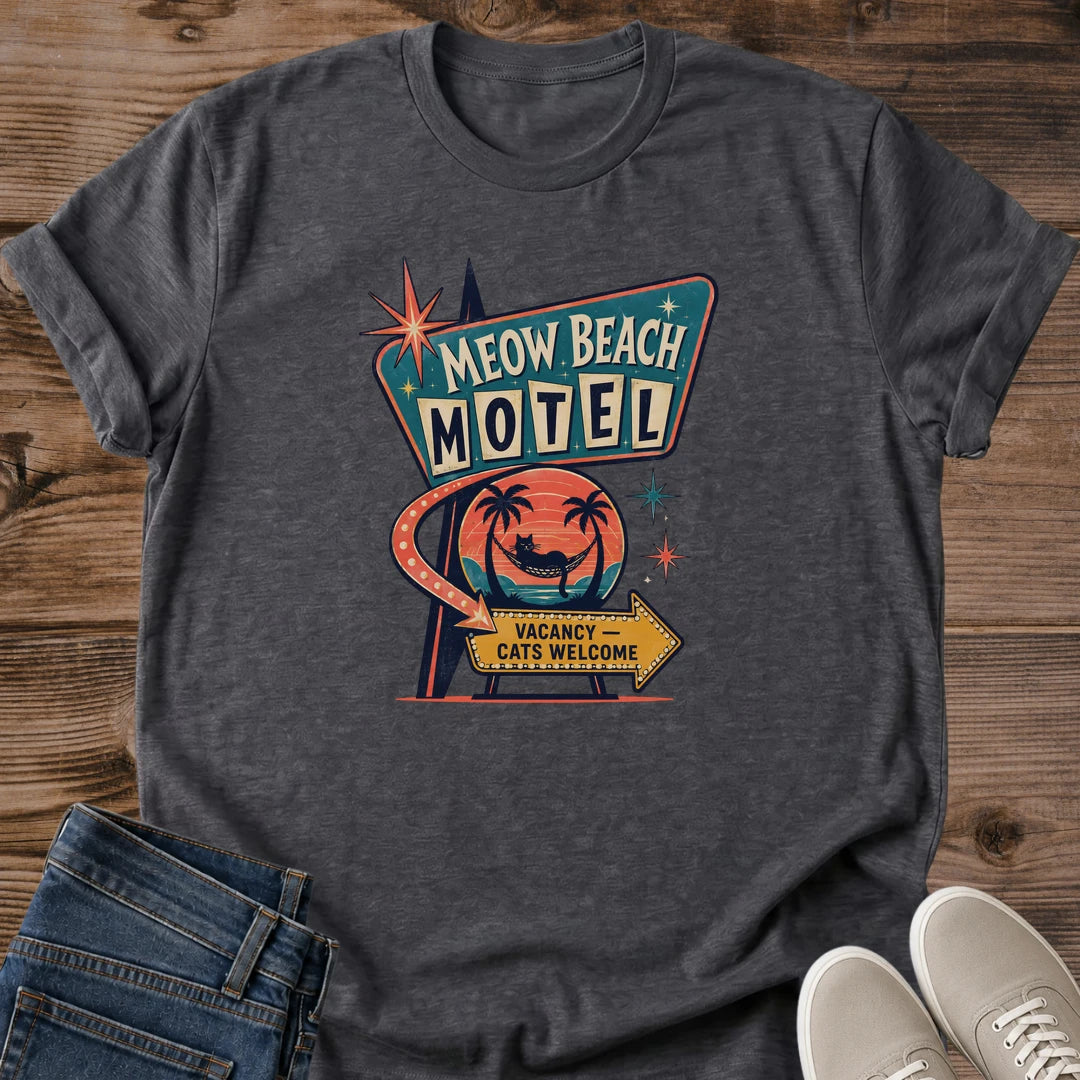Cat Lover Apparel Retro Beach Design Vintage Motel Theme Graphic Tee Perfect Gift For Feline Enthusiast Soft Cotton Shirt Comfortable Unisex Fit White Casual Wear 1960s Roadside Style Americana Beach Aesthetic Vacation Theme Fashion Cat