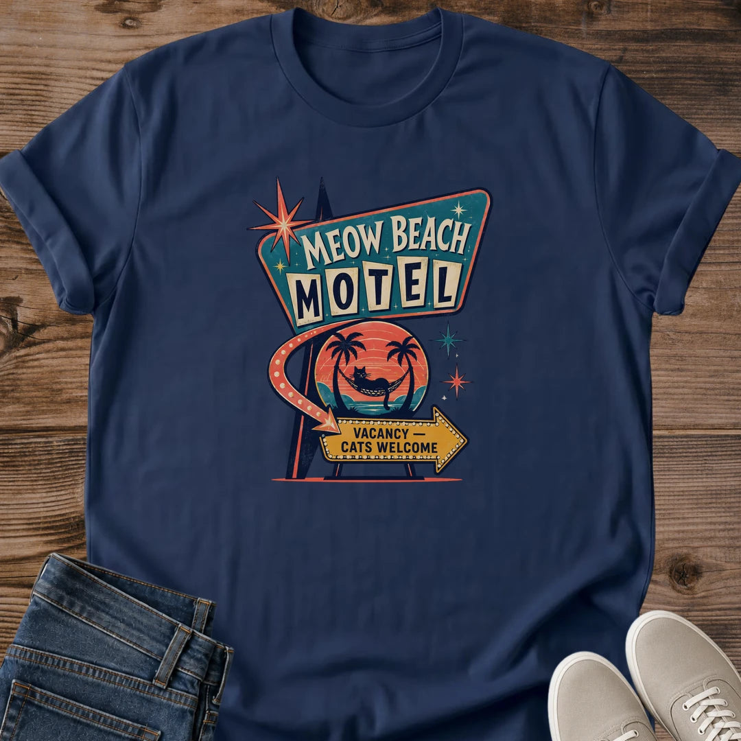 Beach Cat Shirt Vacation Motel Design Retro Roadside Style Vintage 1960s Theme Cat Lover Gift Perfect Present Soft Cotton Tee Comfortable Unisex Fit White Graphic Apparel Casual Everyday Wear Americana Beach Aesthetic Feline Enthusiast