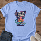Retro Cat Tshirt Vintage Beach Motel Design Perfect Cat Lover Gift Soft Cotton Graphic Tee Summer Vacation Outfit Nostalgic Coastal Vibe Sunset Palette Palm Tree Silhouette Casual Everyday Wear Lightweight Breathable Fabric Fun Playful
