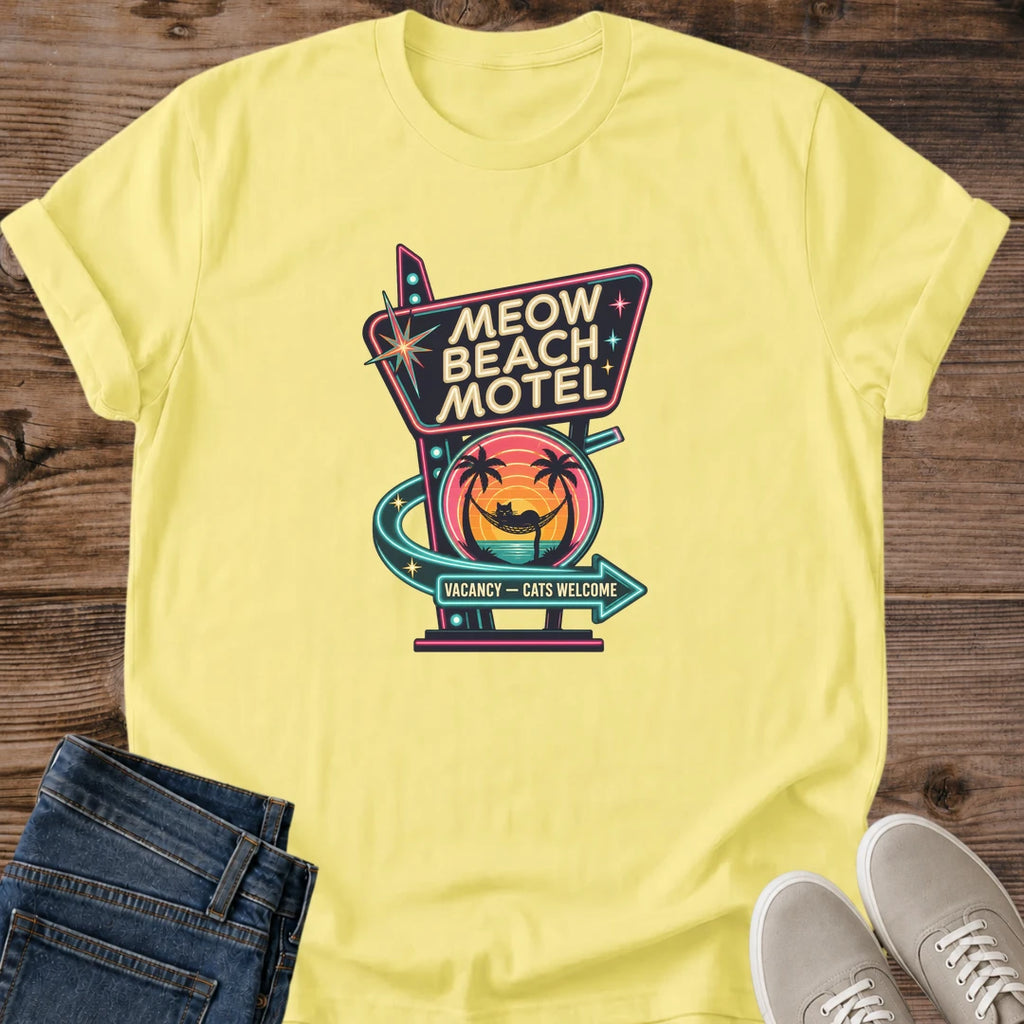 Meow Beach Motel Tshirt Retro Cat Design Vintage Summer Graphic Tee Nostalgic Coastal Fashion Soft Cotton Casual Wear Sunset Palm Tree Silhouette Lightweight Breathable Fabric Cat Lover Gift Perfect Beach Vacation Style Everyday Comfort