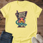 Meow Beach Motel Tshirt Retro Cat Design Vintage Summer Graphic Tee Nostalgic Coastal Fashion Soft Cotton Casual Wear Sunset Palm Tree Silhouette Lightweight Breathable Fabric Cat Lover Gift Perfect Beach Vacation Style Everyday Comfort