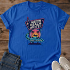 Soft Cotton Cat Shirt Vintage Motel Graphic Design Retro Beach Theme Summer Tee Casual Everyday Fashion Nostalgic Coastal Style Sunset Color Palette Lightweight Breathable Fabric Cat Lover Gift Idea Fun Playful Design Beach Vacation