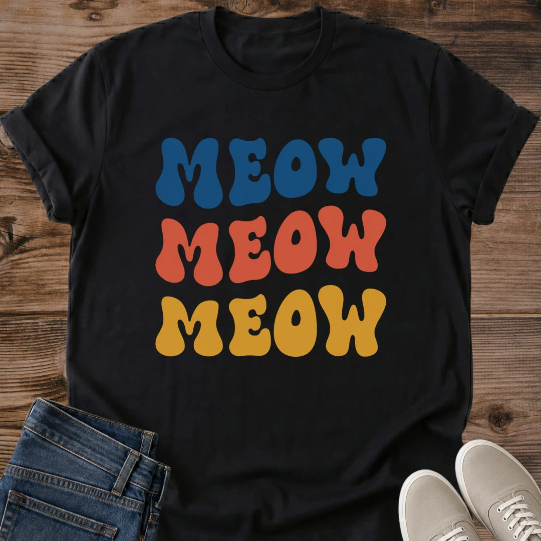 Cat Lover Gift Shirt Women Graphic Tee Retro Meow Print Design Casual Crew Neck Top Colorful Blue Coral Yellow Typography Comfortable Everyday Fashion Lightweight Cotton Blend Fabric Soft Breathable Material Perfect Weekend Wear Coffee Shop