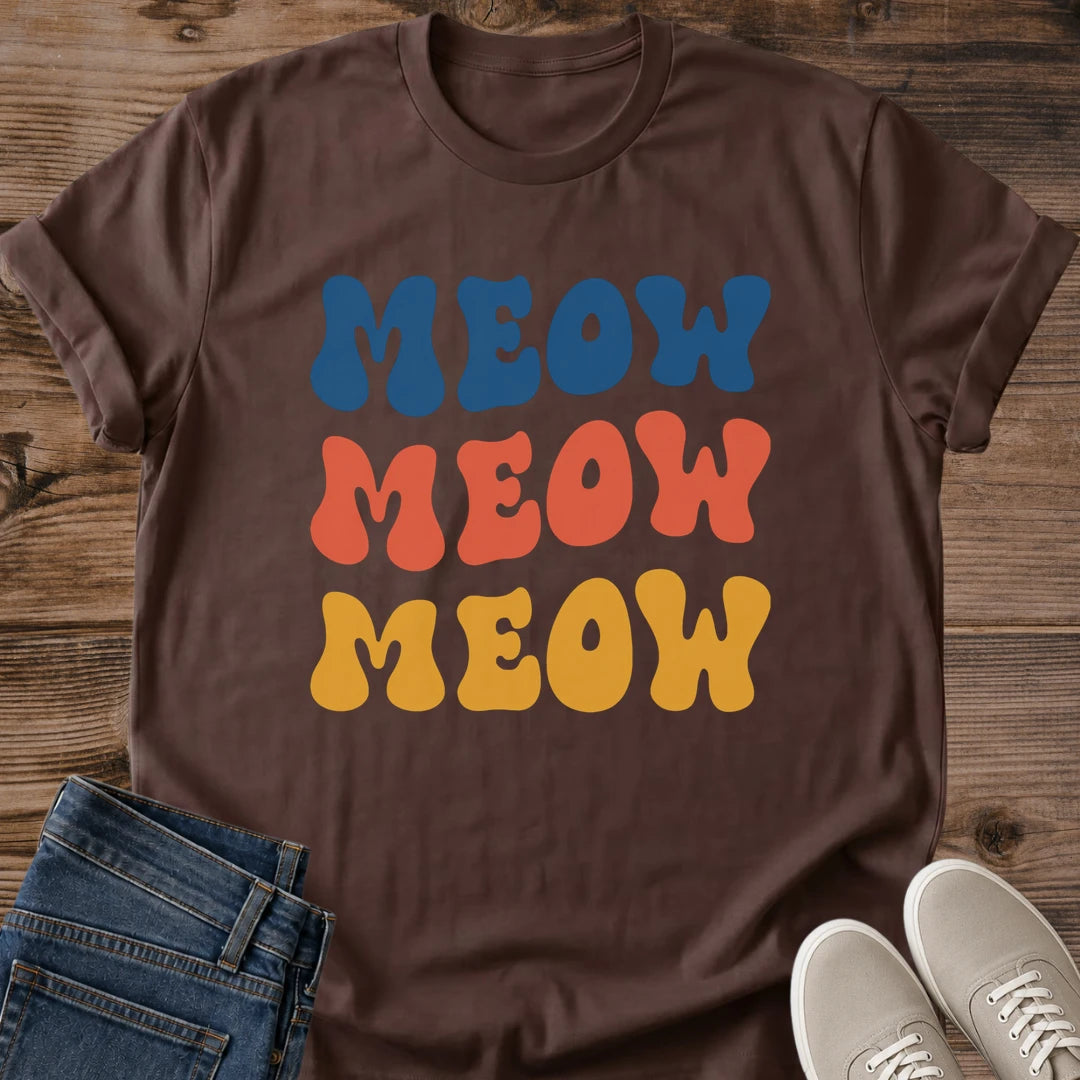 Colorful Graphic Tee Women Cat Meow Print Shirt Retro Vintage Style Design Casual Crew Neck Top Blue Coral Yellow Typography Comfortable Everyday Wear Lightweight Breathable Cotton Blend Perfect Cat Lover Gift Fun Novelty Fashion Weekend