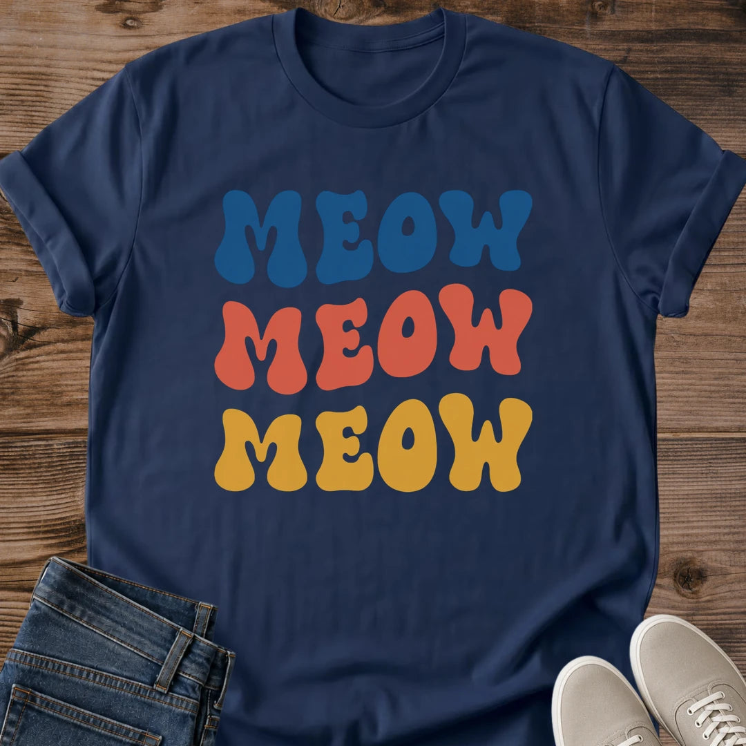 Women Cat Graphic Tee Retro Style Meow Print Shirt Casual Crew Neck Design Colorful Blue Coral Yellow Typography Comfortable Everyday Wear Lightweight Breathable Fabric Soft Cotton Blend Perfect Cat Lover Gift Fun Novelty Top Weekend Outfit