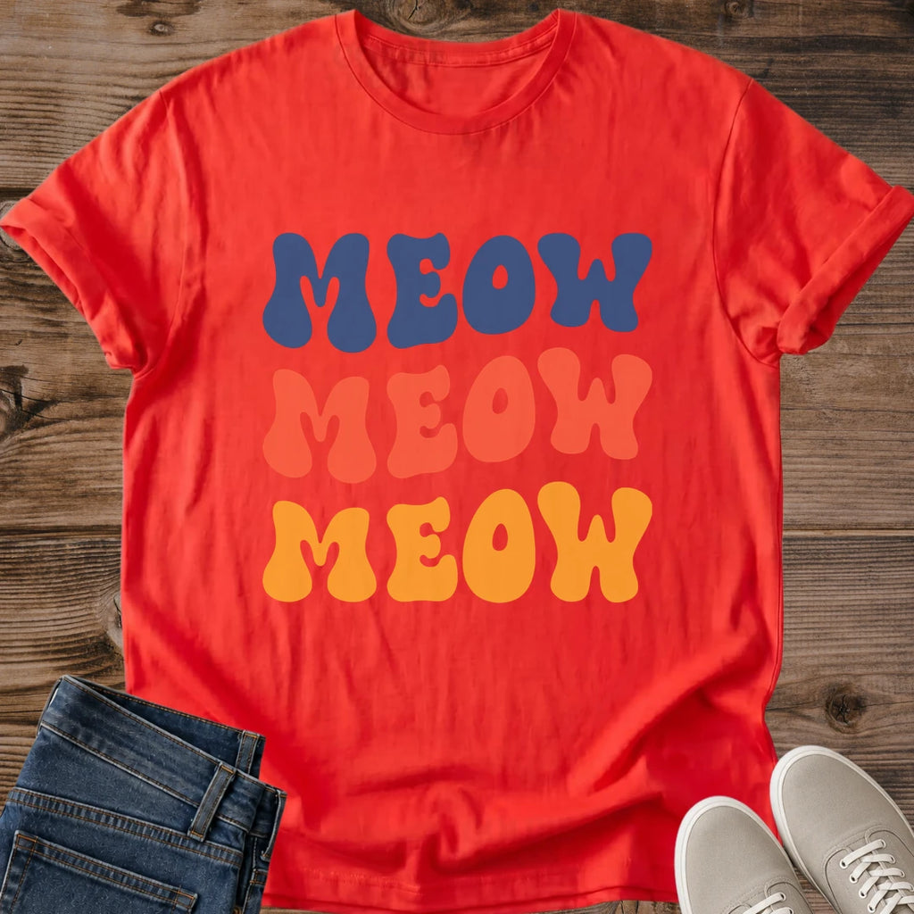 Retro Style Meow Shirt Vintage Inspired Cat Graphic Tee Women Casual Crew Neck Top Colorful Typography Design Blue Coral Yellow Print Comfortable Everyday Fashion Lightweight Cotton Blend Fabric Perfect Cat Lover Gift Playful Novelty Shirt