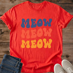 Retro Style Meow Shirt Vintage Inspired Cat Graphic Tee Women Casual Crew Neck Top Colorful Typography Design Blue Coral Yellow Print Comfortable Everyday Fashion Lightweight Cotton Blend Fabric Perfect Cat Lover Gift Playful Novelty Shirt