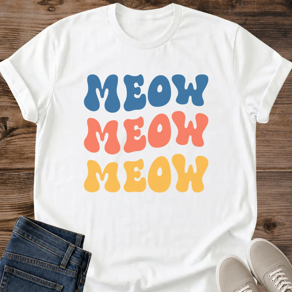 Casual Crew Neck Tee Women Cat Graphic Shirt Retro Meow Print Design Comfortable Everyday Wear Lightweight Breathable Fabric Colorful Blue Coral Yellow Typography Soft Cotton Blend Top Perfect Weekend Outfit Coffee Shop Style Cat Lover Gift