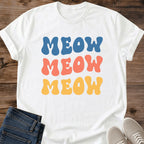 Casual Crew Neck Tee Women Cat Graphic Shirt Retro Meow Print Design Comfortable Everyday Wear Lightweight Breathable Fabric Colorful Blue Coral Yellow Typography Soft Cotton Blend Top Perfect Weekend Outfit Coffee Shop Style Cat Lover Gift