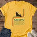 Vintage Graphic Tee Retro Cat Design Rainbow Stripe Pattern Teal Cat Shirt Nostalgic Style Fashion Casual Wear Comfort Fit Triple Cat Print Novelty Gift Cat Lover Present Colorful Design Statement Piece Animal Themed Apparel Retro Aesthetic