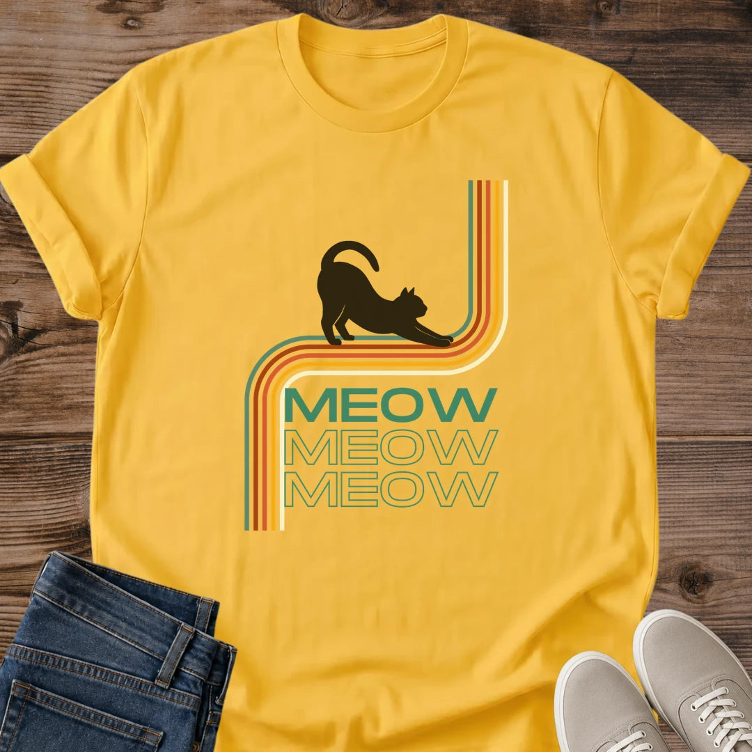 Vintage Graphic Tee Retro Cat Design Rainbow Stripe Pattern Teal Cat Shirt Nostalgic Style Fashion Casual Wear Comfort Fit Triple Cat Print Novelty Gift Cat Lover Present Colorful Design Statement Piece Animal Themed Apparel Retro Aesthetic