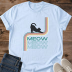 Rainbow Stripe Cat Shirt Retro Graphic Tee Vintage Design Teal Color Pattern Triple Cat Print Novelty Fashion Statement Casual Wear Gift Cat Enthusiast Present Nostalgic Style Comfortable Fit Colorful Design Animal Lover Apparel Retro