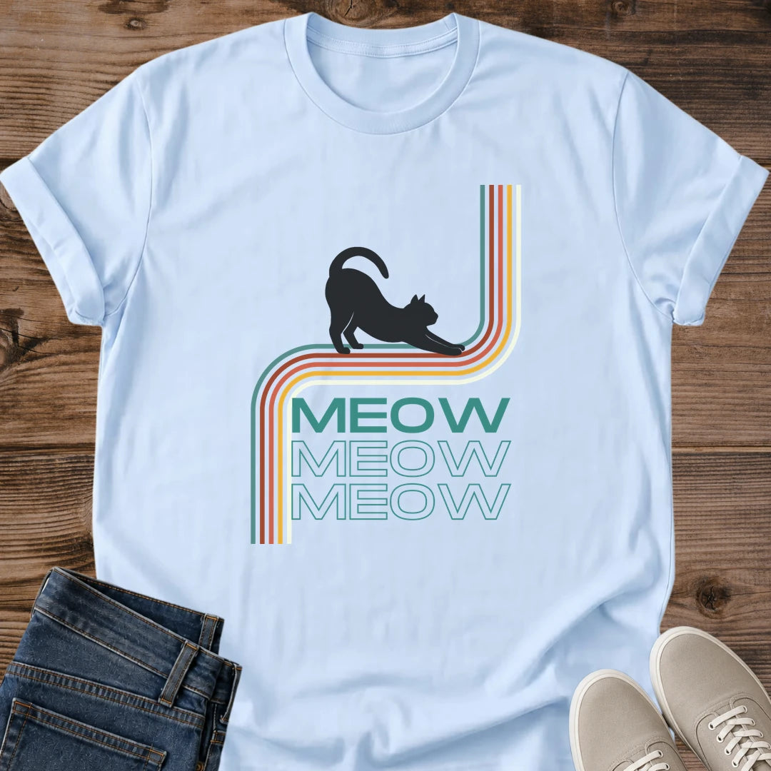 Rainbow Stripe Cat Shirt Retro Graphic Tee Vintage Design Teal Color Pattern Triple Cat Print Novelty Fashion Statement Casual Wear Gift Cat Enthusiast Present Nostalgic Style Comfortable Fit Colorful Design Animal Lover Apparel Retro