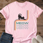 Teal Cat Design Shirt Vintage Retro Style Rainbow Stripe Graphic Tee Triple Cat Print Pattern Novelty Fashion Gift Cat Lover Present Casual Wear Statement Piece Nostalgic Design Comfortable Fit Colorful Graphics Animal Themed Apparel Retro