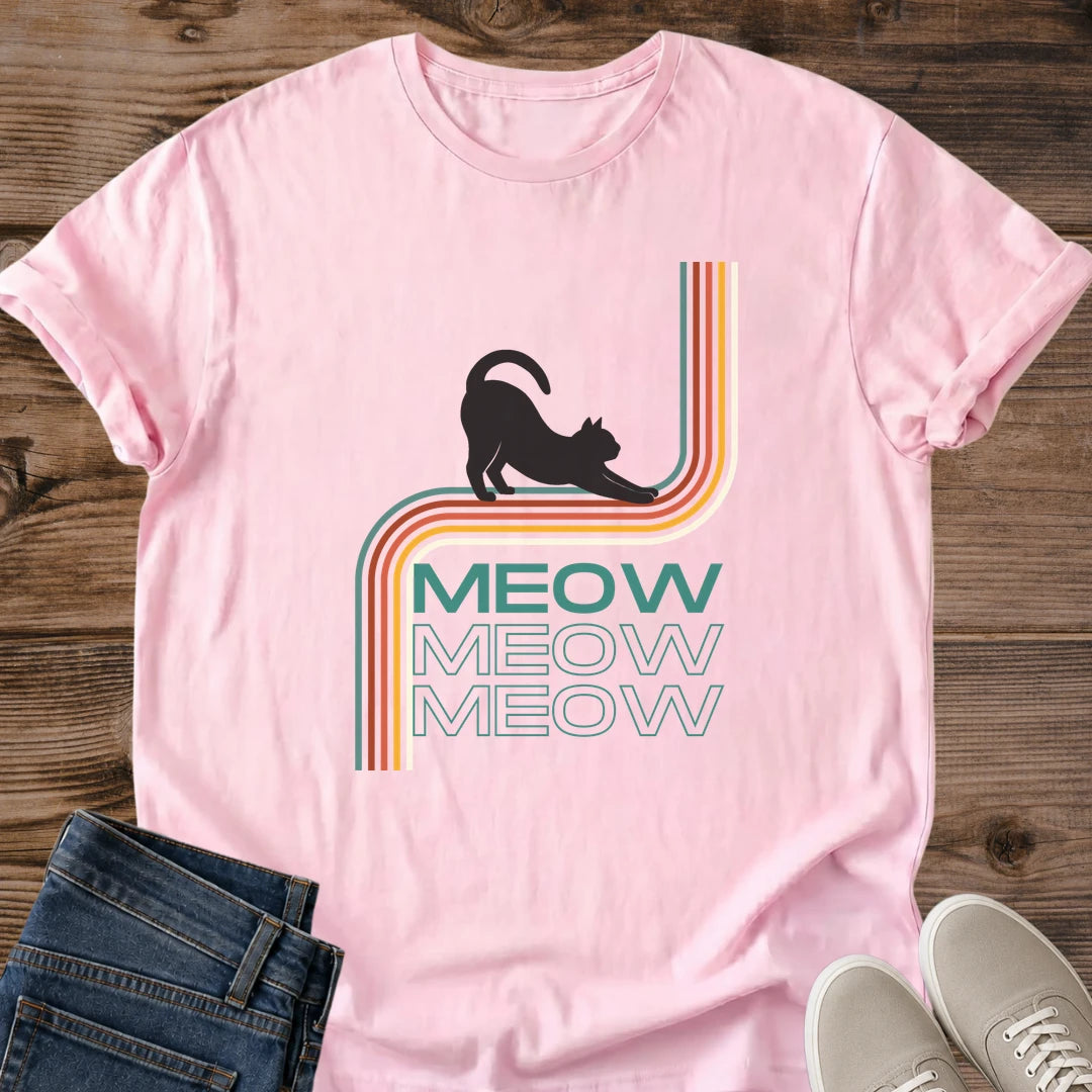 Teal Cat Design Shirt Vintage Retro Style Rainbow Stripe Graphic Tee Triple Cat Print Pattern Novelty Fashion Gift Cat Lover Present Casual Wear Statement Piece Nostalgic Design Comfortable Fit Colorful Graphics Animal Themed Apparel Retro