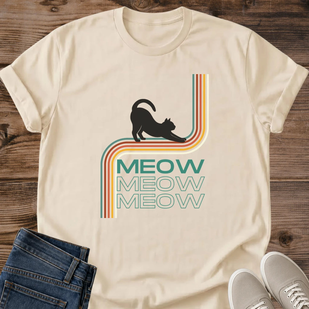 Cat Lover Gift Shirt Retro Vintage Design Rainbow Stripe Graphic Tee Teal Cat Print Novelty Fashion Statement Casual Wear Comfort Fit Triple Cat Design Nostalgic Style Present Animal Enthusiast Apparel Colorful Pattern Retro Aesthetic