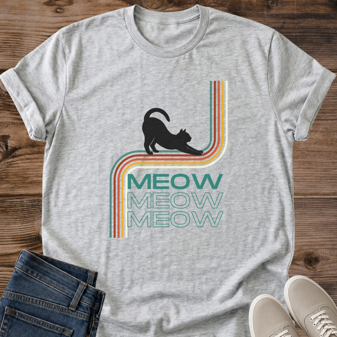 Retro Cat Shirt Vintage Graphic Tee Rainbow Stripe Design Teal Color Scheme Novelty Cat Lover Gift Casual Wear Statement Fashion Triple Cat Print Nostalgic Style Comfortable Fit Animal Enthusiast Present Funny Cat Graphic Colorful Design
