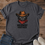Cowboy Cat Graphic Tee Meowdy Partner Pun Design Western Theme Shirt Funny Animal Apparel Cat Lover Gift Collection Novelty Tshirt Pet Owner Present Casual Wear Humorous Design Conversation Piece Unique Cat Theme Comfortable Everyday Shirt