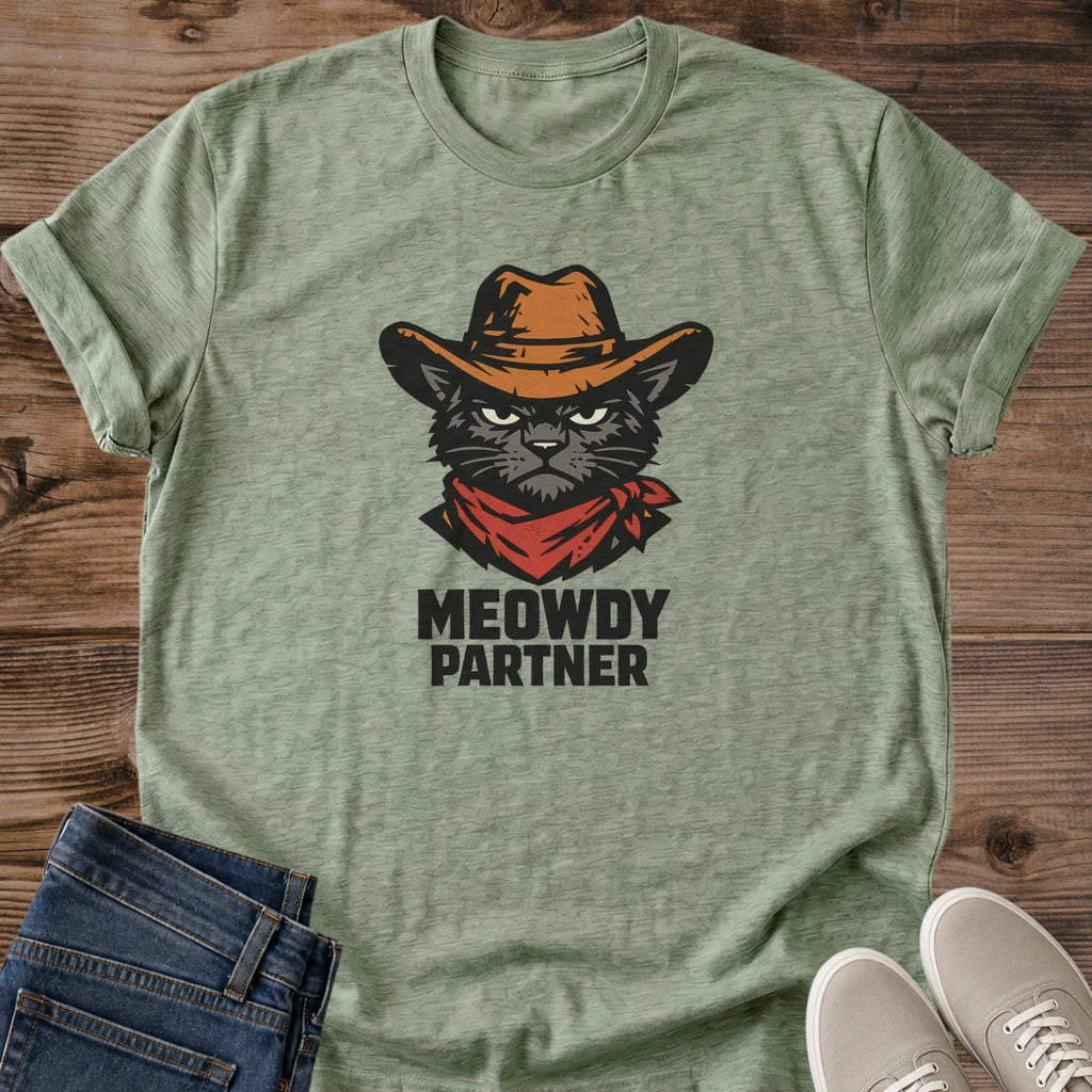 Cat Lover Gift Shirt Meowdy Partner Western Design Funny Cowboy Cat Tee Pun Graphic Apparel Novelty Pet Owner Present Casual Wear Collection Humorous Animal Theme Conversation Starter Unique Tshirt Design Comfortable Fit Everyday Cat Shirt