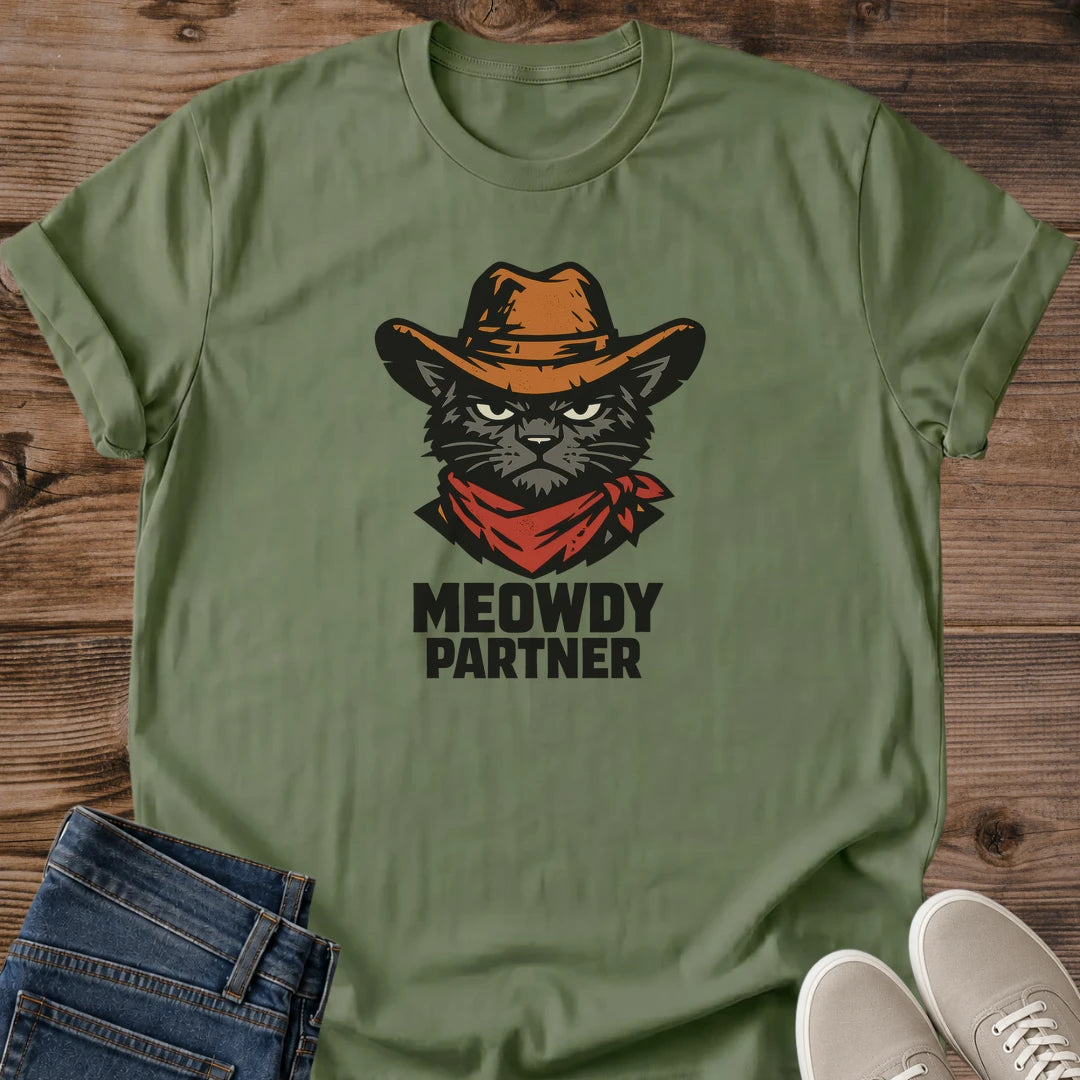 Funny Cat Shirt Gift For Cat Lover Meowdy Partner Cowboy Pun Graphic Tee Western Theme Animal Design Casual Wear Novelty Apparel Pet Owner Present Humorous Tshirt Collection Conversation Starter Unique Cat Design Comfortable Fit Everyday