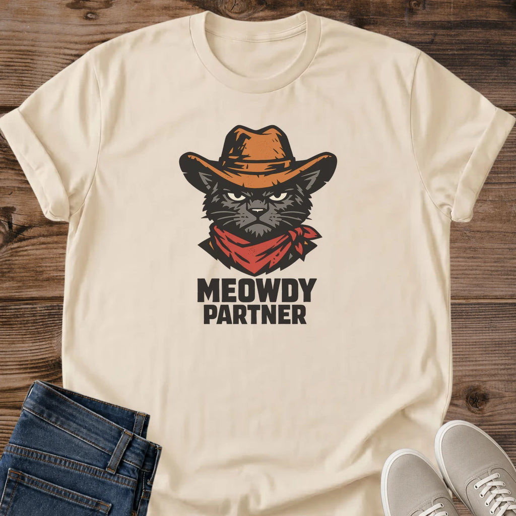 Graphic Tee Cat Design Funny Meowdy Partner Shirt Cowboy Pun Apparel Western Cat Theme Gift For Pet Lover Novelty Tshirt Collection Casual Wear Humorous Animal Design Conversation Piece Unique Cat Lover Present Comfortable Everyday Shirt