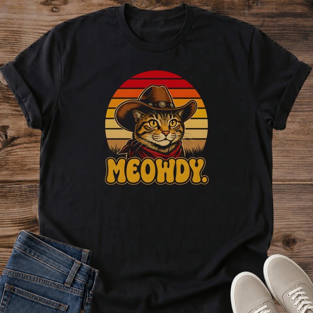 Cowboy Cat Design Shirt Western Theme Graphic Tee Retro Vintage Style Tabby Cat Cowboy Hat Red Bandana Sunset Circle Design Warm Color Collection Pet Lover Apparel Casual Wear Gift Cat Owner Present Statement Tee Animal Lover Clothing