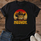 Cowboy Cat Design Shirt Western Theme Graphic Tee Retro Vintage Style Tabby Cat Cowboy Hat Red Bandana Sunset Circle Design Warm Color Collection Pet Lover Apparel Casual Wear Gift Cat Owner Present Statement Tee Animal Lover Clothing
