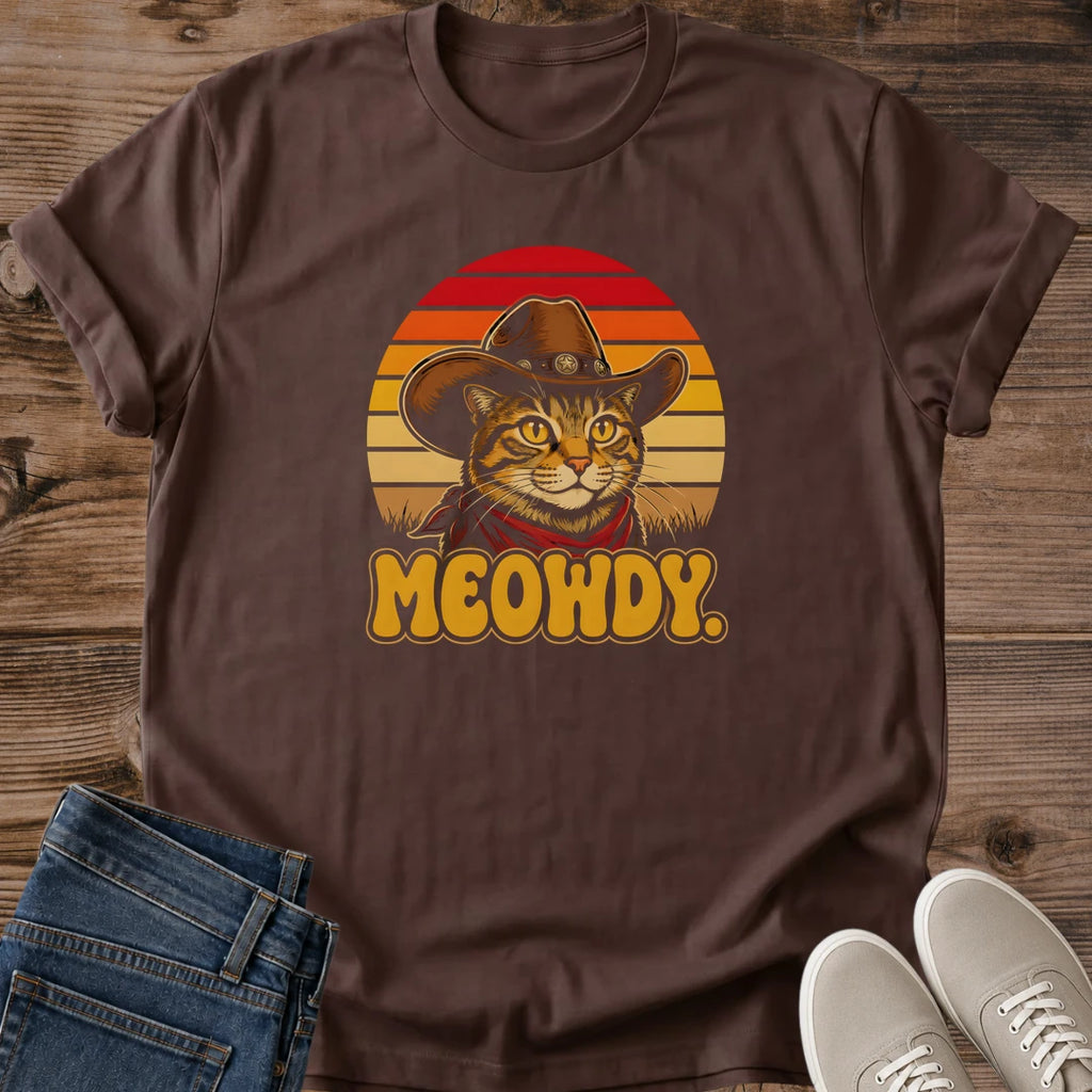 Graphic Cat Tee Shirt Retro Design Collection Pet Owner Apparel Vintage Sunset Theme Cowboy Cat Western Style Warm Orange Red Gold Colors Casual Wear Essential Cat Lover Gift Present Birthday Holiday Idea Animal Theme Statement Piece
