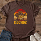 Graphic Cat Tee Shirt Retro Design Collection Pet Owner Apparel Vintage Sunset Theme Cowboy Cat Western Style Warm Orange Red Gold Colors Casual Wear Essential Cat Lover Gift Present Birthday Holiday Idea Animal Theme Statement Piece