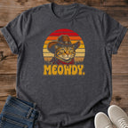 Cat Lover Gift Shirt Retro Graphic Tee Design Tabby Cat Cowboy Hat Western Theme Vintage Sunset Circle Warm Orange Red Gold Colors Pet Owner Apparel Casual Wear Statement Piece Animal Lover Collection Birthday Present Idea Cat Mom Dad Shirt