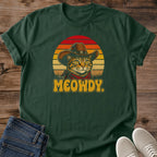 Vintage Cat Lover Shirt Retro Sunset Design Graphic Tee Cowboy Western Theme Tabby Cat Hat Bandana Warm Color Palette Orange Red Gold Hues Pet Owner Gift Casual Apparel Statement Piece Animal Lover Collection Cat Mom Dad Present Idea