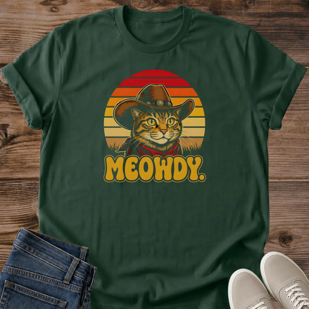 Vintage Cat Lover Shirt Retro Sunset Design Graphic Tee Cowboy Western Theme Tabby Cat Hat Bandana Warm Color Palette Orange Red Gold Hues Pet Owner Gift Casual Apparel Statement Piece Animal Lover Collection Cat Mom Dad Present Idea