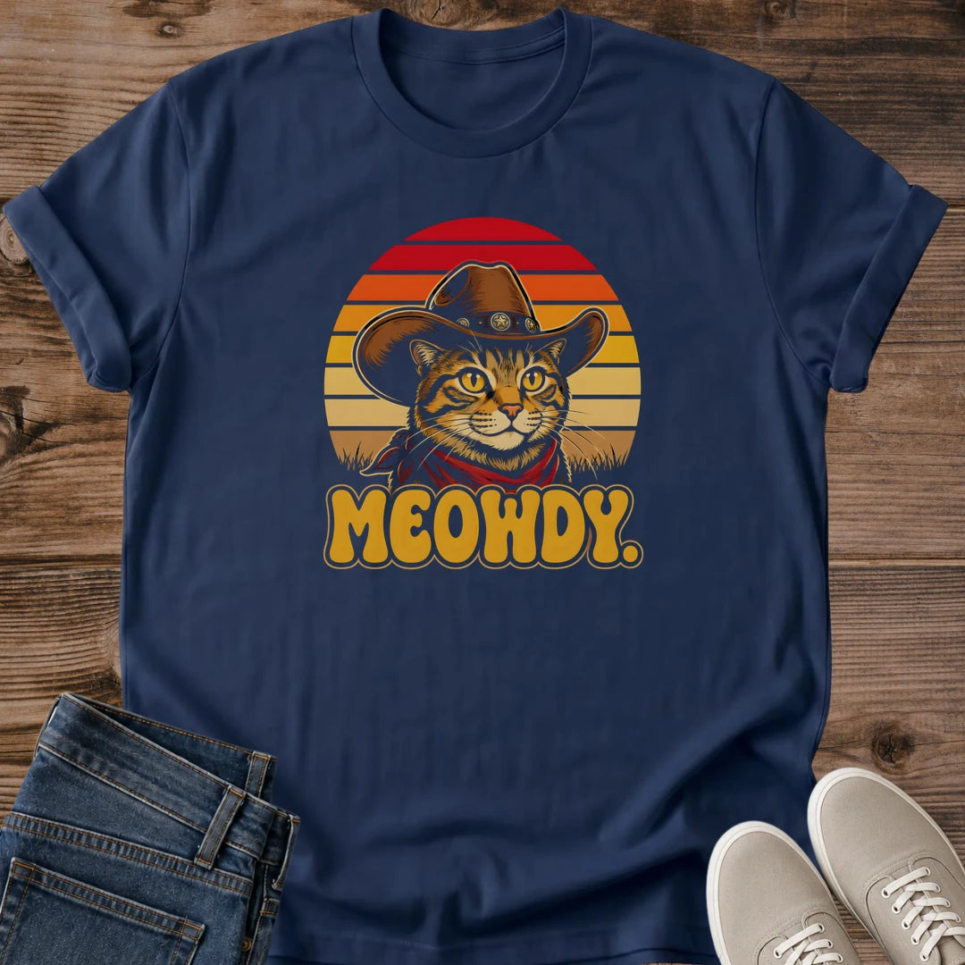 Retro Cat Shirt Vintage Sunset Design Graphic Tee Collection Cowboy Cat Theme Western Style Apparel Warm Color Palette Orange Red Gold Hues Pet Lover Gift Casual Wear Essential Cat Owner Present Tabby Design Statement Piece Animal Theme