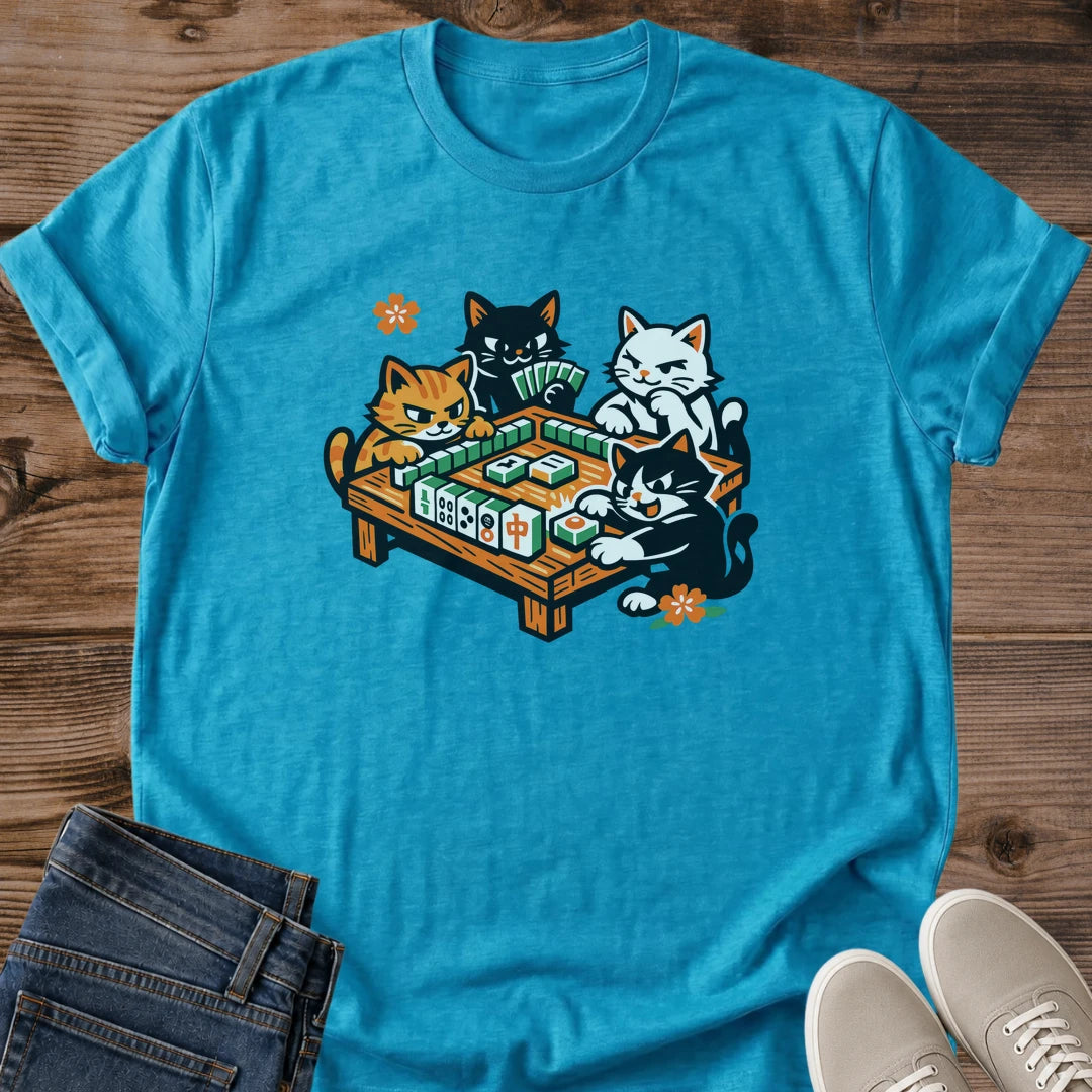 Soft Graphic Tee Vintage Cat Design Mahjong Theme Shirt Three Cats Playing Tiles Meowjong Print Comfortable Crew Neck Style Distressed Aesthetic Perfect Game Night Wear Cat Lover Gift Mahjong Player Present Breathable Lightweight Fabric